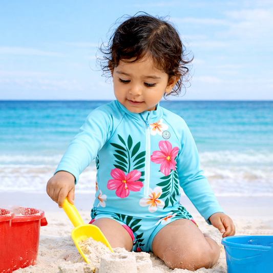 Blue Tropical Bloom, Toddlers & Kids Swimwear with matching Swim Cap, plus Free Wash Bag & Free Swim Detergent