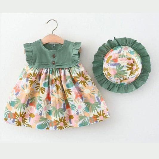 Green Flower Dress with Hat