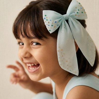 Choko Organza Bow Hairclip with Crystal Stone Embellishments - Blue & White