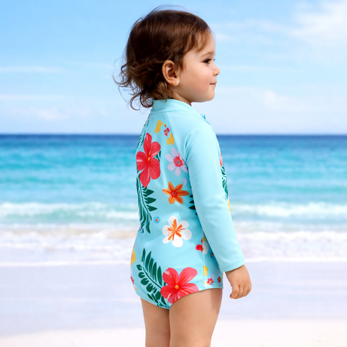 Blue Tropical Bloom, Toddlers & Kids Swimwear with matching Swim Cap, plus Free Wash Bag & Free Swim Detergent