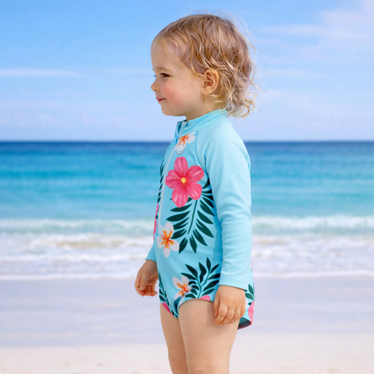 Blue Tropical Bloom, Toddlers & Kids Swimwear with matching Swim Cap, plus Free Wash Bag & Free Swim Detergent