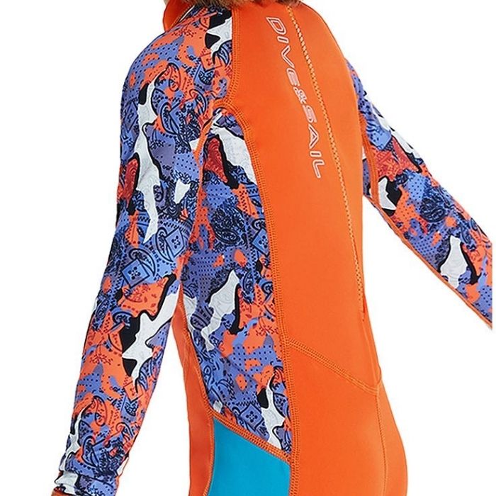 Full Sleeves Kids Swimwear Bright Orange & Blue Sunshine Printed Full Length, UPF 50+ with Free Washbag