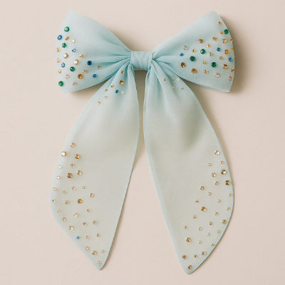 Choko Organza Bow Hairclip with Crystal Stone Embellishments - Blue & White