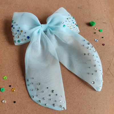 Choko Organza Bow Hairclip with Crystal Stone Embellishments - Blue & White