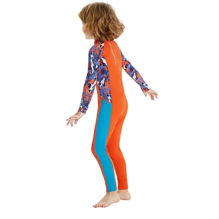 Full Sleeves Kids Swimwear Bright Orange & Blue Sunshine Printed Full Length, UPF 50+ with Free Washbag