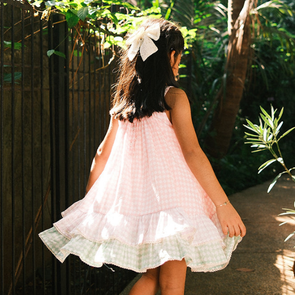 Pocketful of Sunsets dress in rhombus block print