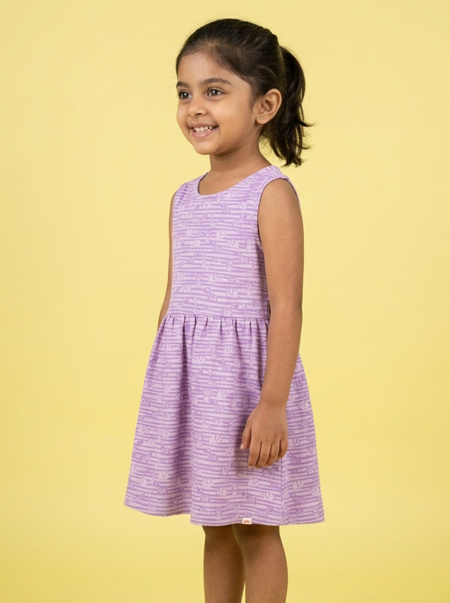 Animals in a Line Cross Back Dress for Girls (Pastel Purple)
