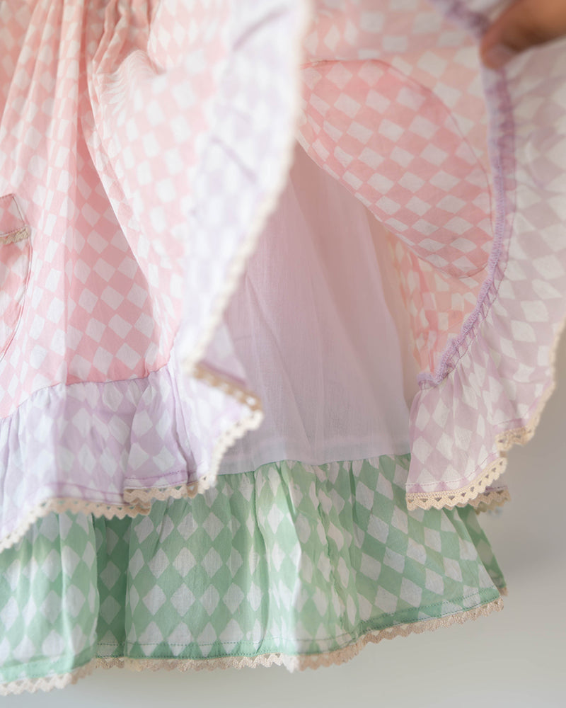 Pocketful of Sunsets dress in rhombus block print