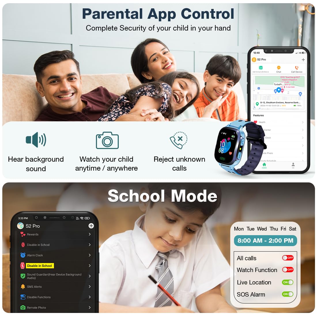 Sekyo S2 Pro Kids Smartwatch with Calling | GPS Location Tracking, SOS Alert, Camera, Safe Zone & Family Chat | 4G/5G SIM Support | App-Controlled | Long Battery Life