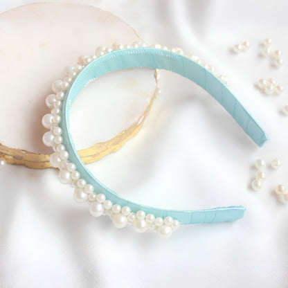 Queen's Glory Pearl Hair Band for Girls | Sky Blue Satin Headband | Sky Blue Pearl Hair Band for Girls | Birthday & Party Hair Accessory