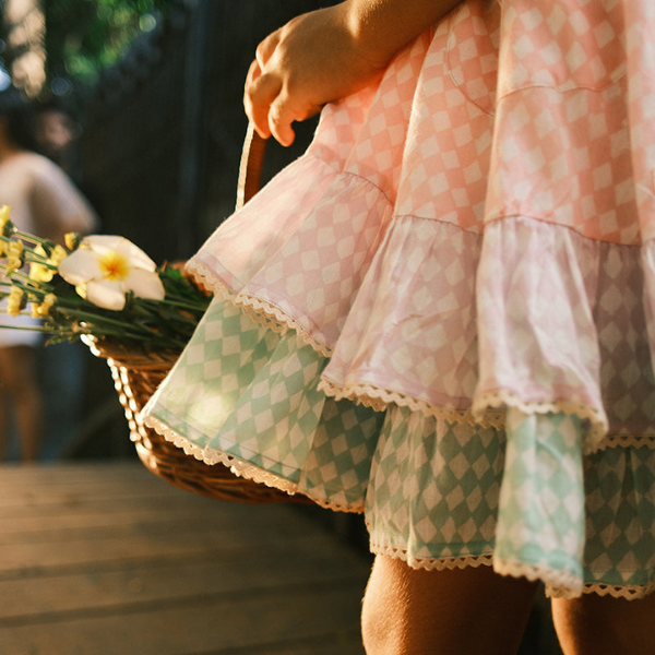 Pocketful of Sunsets dress in rhombus block print