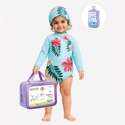 Blue Tropical Bloom, Toddlers & Kids Swimwear with matching Swim Cap, plus Free Wash Bag & Free Swim Detergent