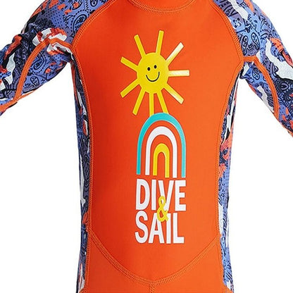 Full Sleeves Kids Swimwear Bright Orange & Blue Sunshine Printed Full Length, UPF 50+ with Free Washbag