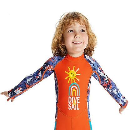 Full Sleeves Kids Swimwear Bright Orange & Blue Sunshine Printed Full Length, UPF 50+ with Free Washbag