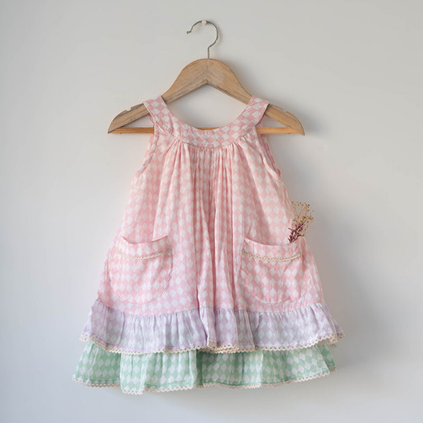 Pocketful of Sunsets dress in rhombus block print
