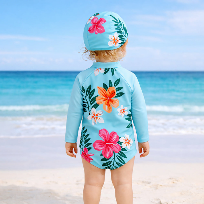Blue Tropical Bloom, Toddlers & Kids Swimwear with matching Swim Cap, plus Free Wash Bag & Free Swim Detergent