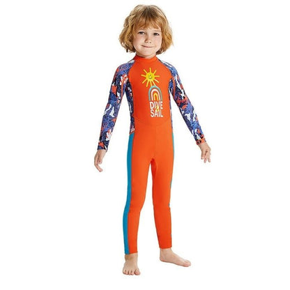 Full Sleeves Kids Swimwear Bright Orange & Blue Sunshine Printed Full Length, UPF 50+ with Free Washbag