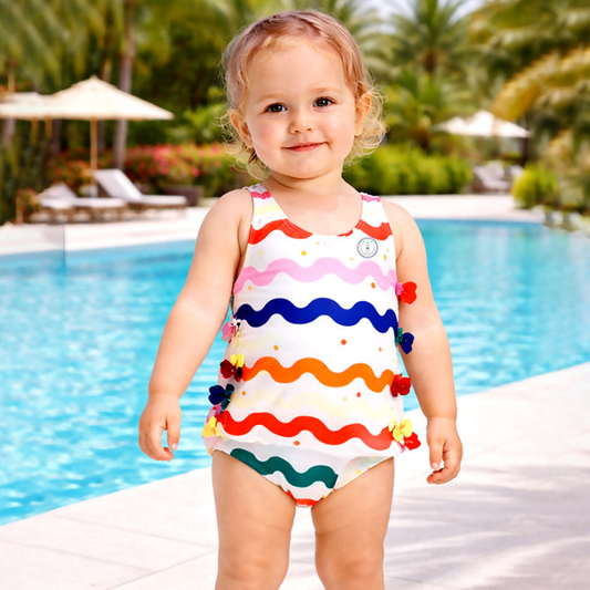 Multi Bows & Waves, Toddlers & Kids Swimwear with matching Swim Cap, plus Free Wash Bag & Free Swim Detergent