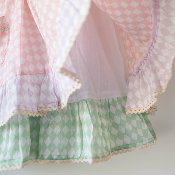 Pocketful of Sunsets dress in rhombus block print