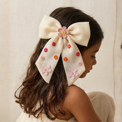 Choko Floral Embellished Bow Hairclip Elegant with Intricate Colorful Embroidery for Girls - Cream