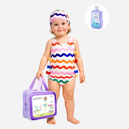 Multi Bows & Waves, Toddlers & Kids Swimwear with matching Swim Cap, plus Free Wash Bag & Free Swim Detergent
