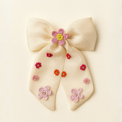 Choko Floral Embellished Bow Hairclip Elegant with Intricate Colorful Embroidery for Girls - Cream