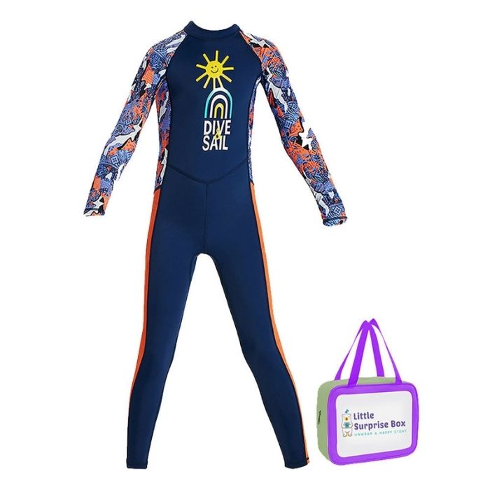 Full Sleeves Kids Swimwear Navy Blue & Orange Sunshine Printed Full Length, UPF 50+ with Free Washbag