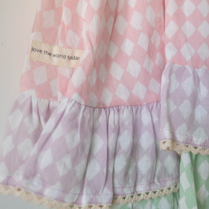 Pocketful of Sunsets dress in rhombus block print