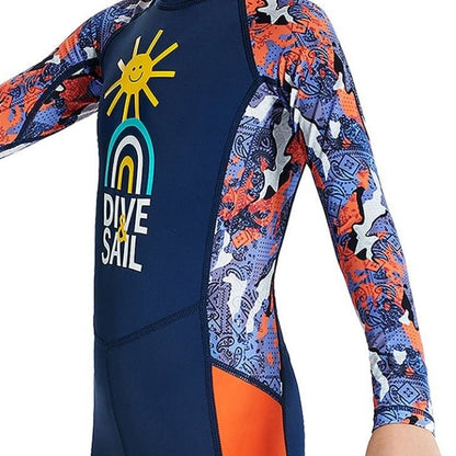 Full Sleeves Kids Swimwear Navy Blue & Orange Sunshine Printed Full Length, UPF 50+ with Free Washbag