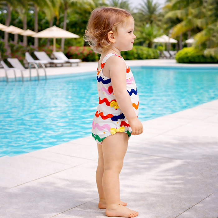 Multi Bows & Waves, Toddlers & Kids Swimwear with matching Swim Cap, plus Free Wash Bag & Free Swim Detergent