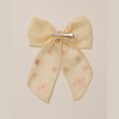Choko Floral Embellished Bow Hairclip Elegant with Intricate Colorful Embroidery for Girls - Cream
