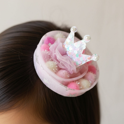 Choko Princess Crown Pom-Pom Fascinator Hair Clip – Pink Multi