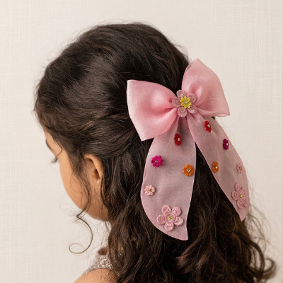 Choko Floral Embellished Bow Hairclip Large with Colorful Embroidery Details for Girls - Pink