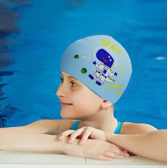 Blue Astro Dino, Silicone Kids Swim Cap, 4 years - 10 years