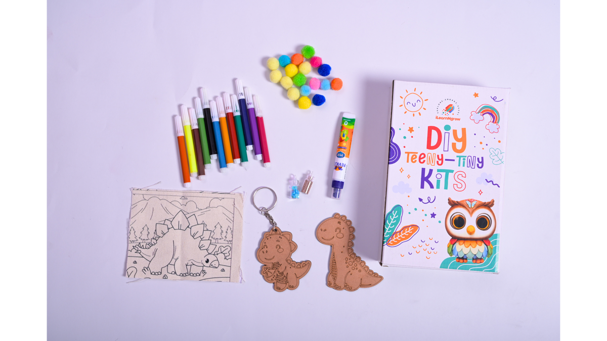 iLearnNGrow Dino Rakhi Combo – DIY Dinosaur Painting Kit with Dino Keychain, Fridge Magnet, Canvas Painting & Dino Rakhi
