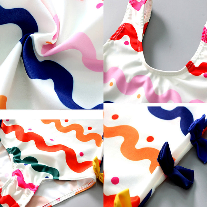 Multi Bows & Waves, Toddlers & Kids Swimwear with matching Swim Cap, plus Free Wash Bag & Free Swim Detergent
