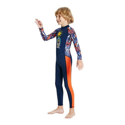 Full Sleeves Kids Swimwear Navy Blue & Orange Sunshine Printed Full Length, UPF 50+ with Free Washbag