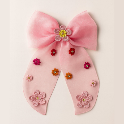 Choko Floral Embellished Bow Hairclip Large with Colorful Embroidery Details for Girls - Pink