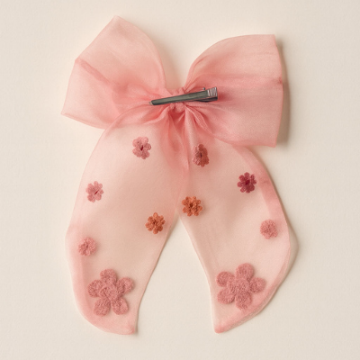 Choko Floral Embellished Bow Hairclip Large with Colorful Embroidery Details for Girls - Pink