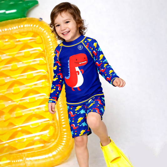 2 Pcs Blue Red Dino, T-shirt & Shorts Set, Toddlers & Kids Swimwear with Free Wash Bag & Free Swim Detergent