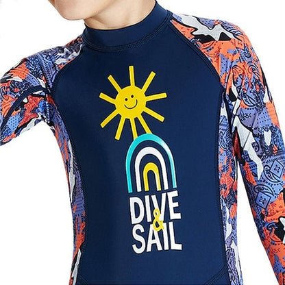 Full Sleeves Kids Swimwear Navy Blue & Orange Sunshine Printed Full Length, UPF 50+ with Free Washbag