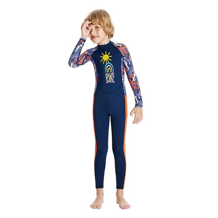Full Sleeves Kids Swimwear Navy Blue & Orange Sunshine Printed Full Length, UPF 50+ with Free Washbag