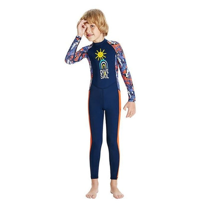Full Sleeves Kids Swimwear Navy Blue & Orange Sunshine Printed Full Length, UPF 50+ with Free Washbag