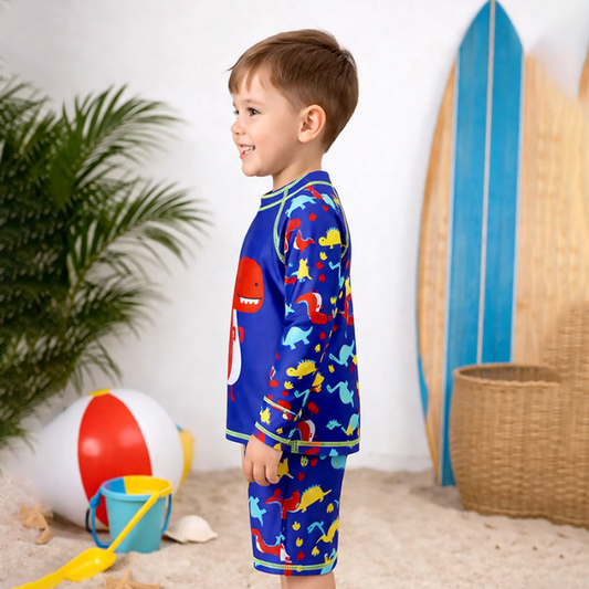 2 Pcs Blue Red Dino, T-shirt & Shorts Set, Toddlers & Kids Swimwear with Free Wash Bag & Free Swim Detergent