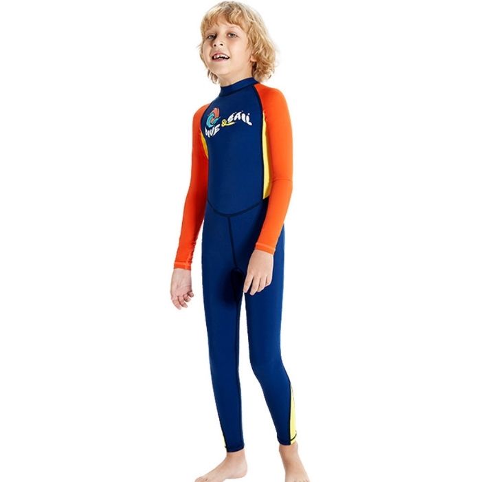 Full Length Dive Navy & Orange Printed Kids Swimwear In Upf 50+ Fabric with Free Washbag