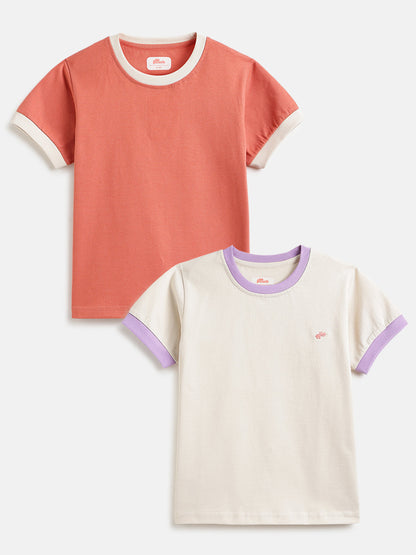 Everyday Basics: Value Pack of 2 100% Cotton T-shirt For Girls (Cream and Orange)