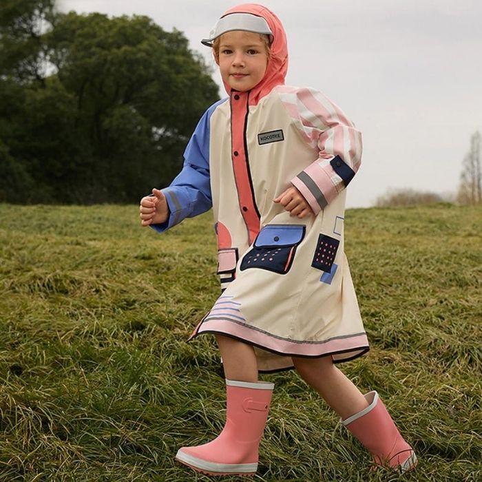 Bold Geometric Print Cream & Pink Raincoat for Kids