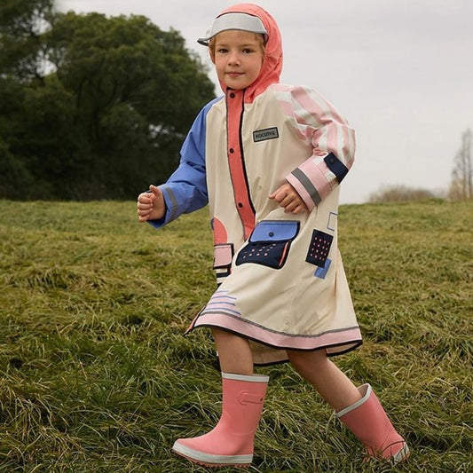 Bold Geometric Print Cream & Pink Raincoat for Kids