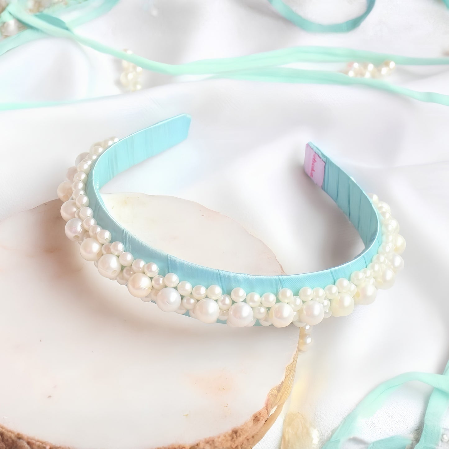 Queen's Glory Pearl Hair Band for Girls | Sky Blue Satin Headband | Sky Blue Pearl Hair Band for Girls | Birthday & Party Hair Accessory