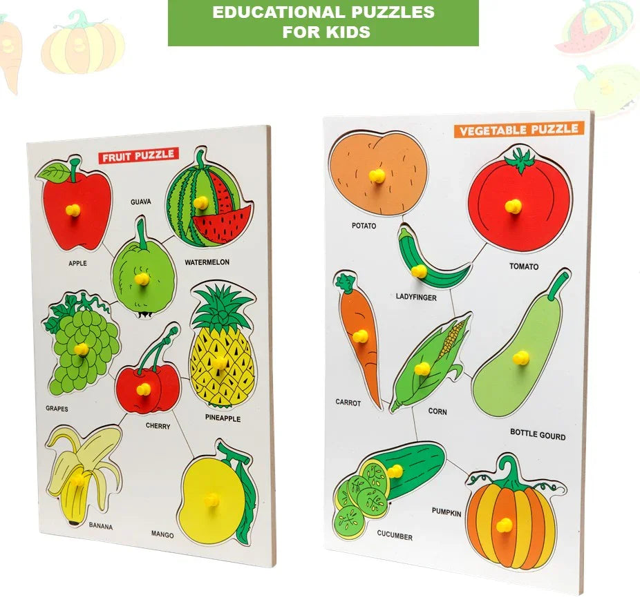 Wooden Peg Fruit and Vegetables Puzzle Combo